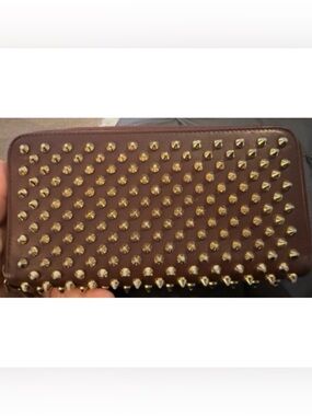 LOUBOUTIN Panettone Stud Long Zip Around Wallet Leather Burgundy